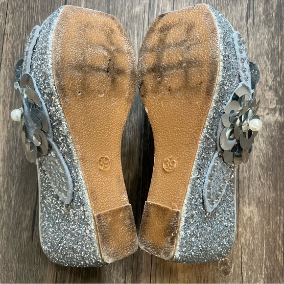 Women’s Silver Glitter Floral Wedges Platform Sandals Size 8 - Picture 12 of 12
